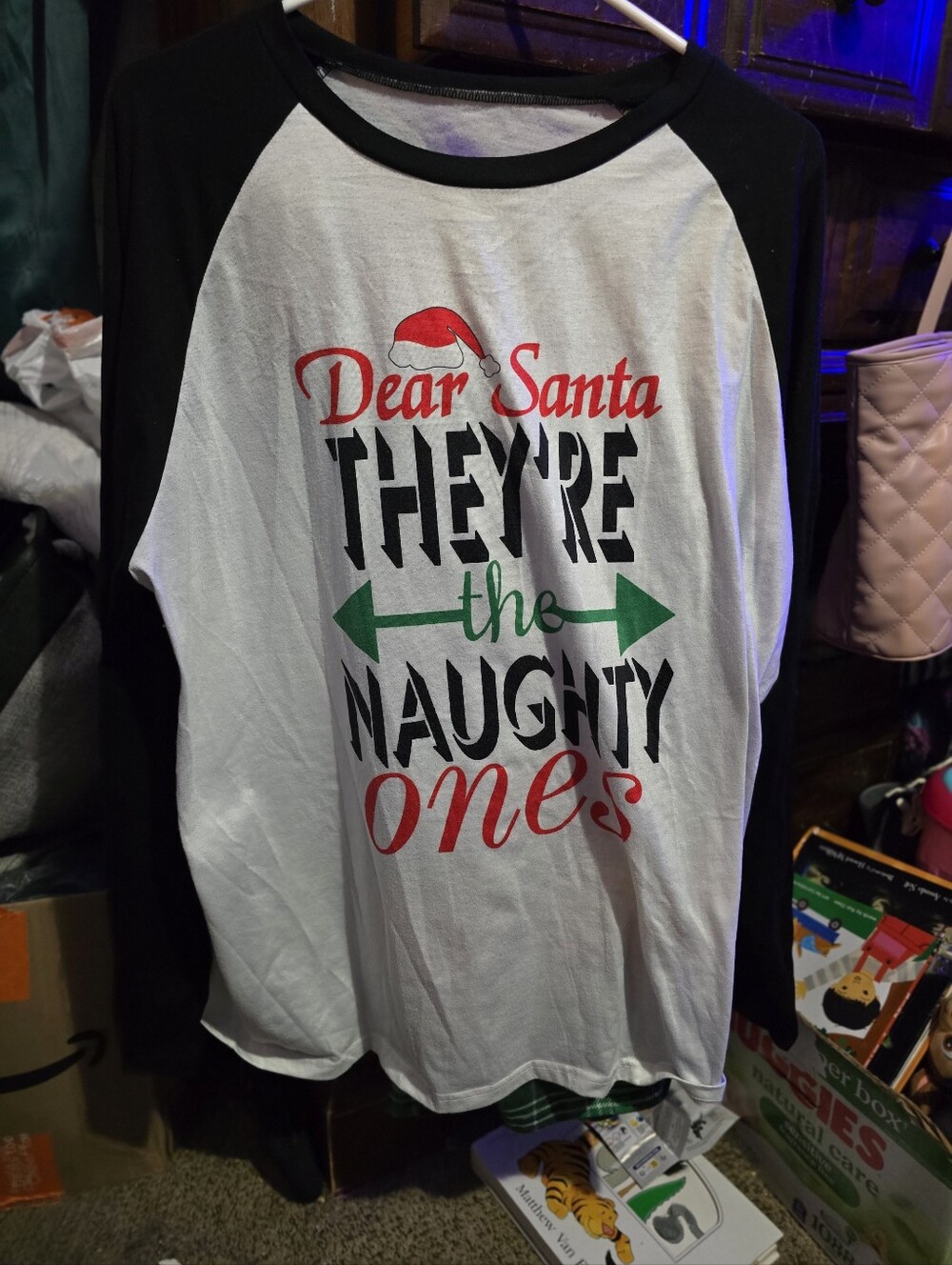 Black & White XL  Raglan "Dear Santa They're the Naughty Ones" Graphic Shirt